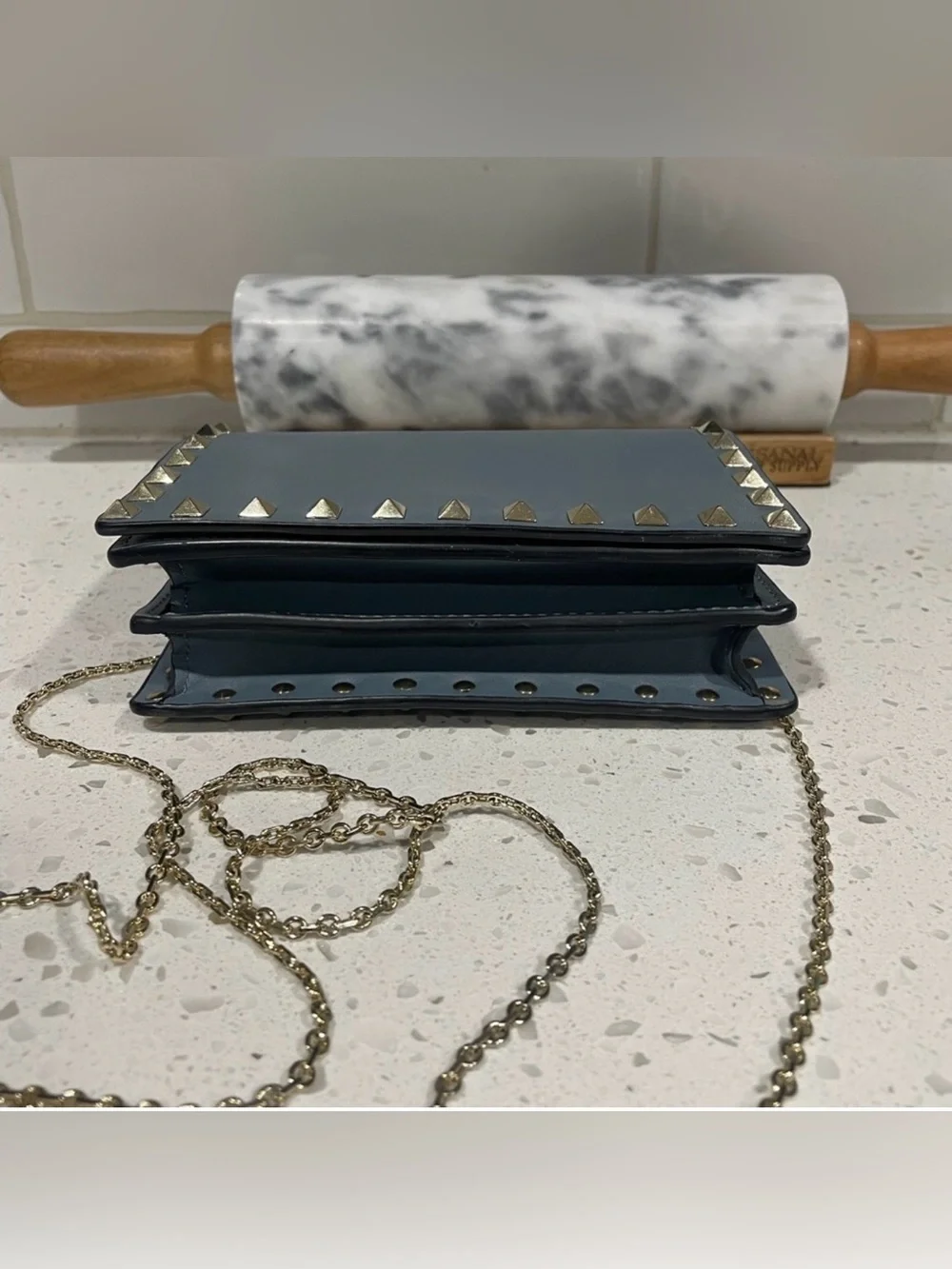 Valentino Garavani authentic Slate Blue Rockstud Crossbody with Gold Chain